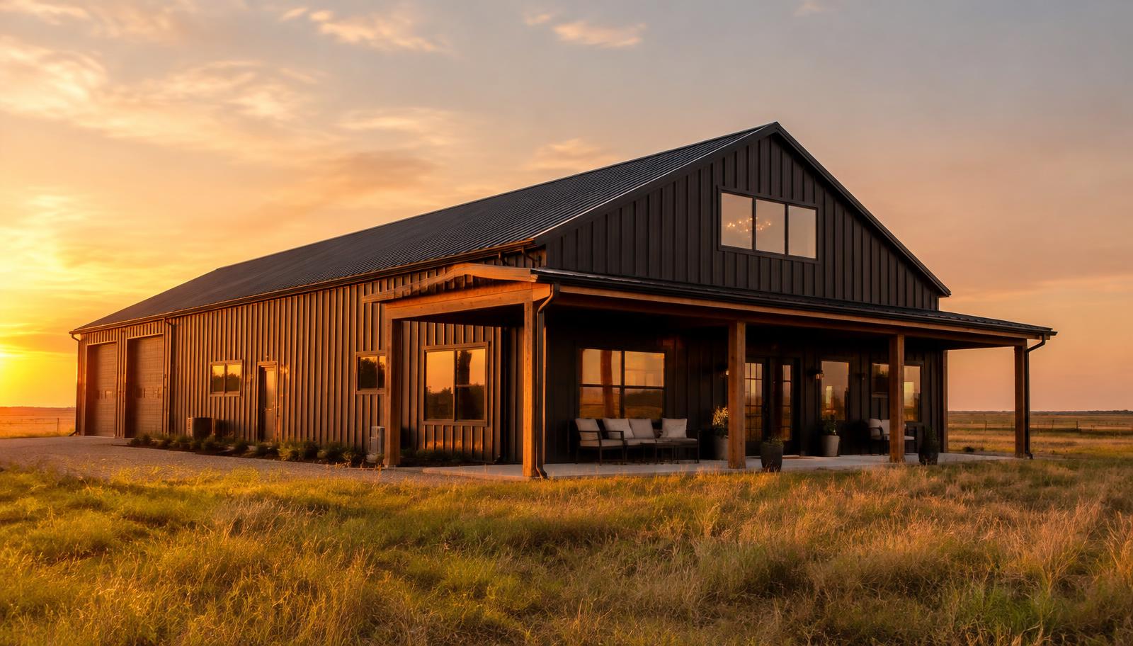 Black steel barndominium at sunset